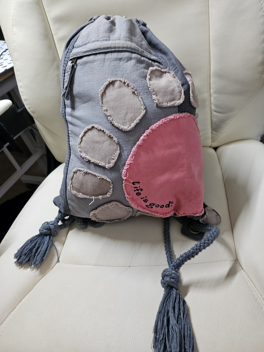 Life Is Good Gray Canvas Drawstring Tote with Pink Paw Accent